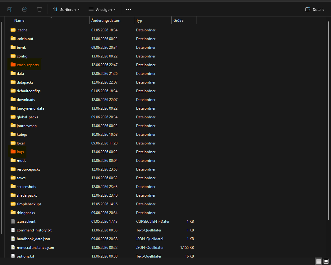 Logs- und Crash-Reports-Ordner im NewPath-Profil